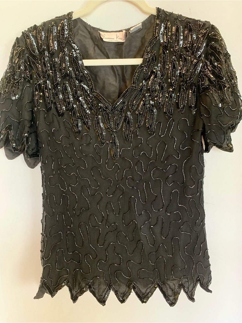 Vintage Laurence Kazar Black Beaded V-Neck Embellished Top. Medium